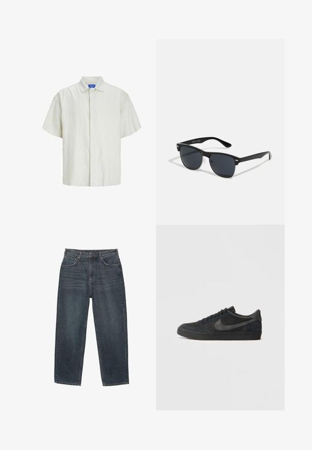 Krátký rukáv, světle zelená košile na knoflíky vyrobená z texturované látky, s klasickým límcem a šesti bílými knoflíky vpředu.; Tmavě modré džínové kalhoty s rovným střihem, pěti kapsami, poutky na opasek a jemným vyblednutím materiálu. Stehování na lemu.; Černé semišové tenisky s nízkým profilem, gumovou podrážkou, texturovanými bočními panely a tónovým logem Nike swoosh. Šněrování na přední části, polstrovaný límec.; Černé sluneční brýle s obdélníkovým tvarem, tmavými skly, stříbrnými akcenty na spáncích a matným povrchem rámu.