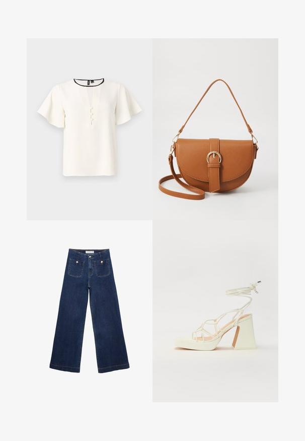 Biele blúzka s krátkymi, rozšírenými rukávmi, V-výstrihom a tromi dekoratívnymi gombíkmi na prednej strane. S čiernym lemovaním okolo výstrihu.; Tmavozelené nohavice s širokými nohavicami vyrobené z denimu, s dvoma prednými vreckami so dekoratívnymi gombíkmi a so strihaným spodkom.; Biele sandále na vysokom opätku s hrubým podpätkom, s pruhovaným dizajnom a viazaním na členku. Hladký povrch s platformou vpredu pre zvýšenú výšku.; Hnedá kožená kabelka cez telo s zakriveným tvarom, zlatými kovovými doplnkami a akcentom s prackou. Obsahuje odnímateľný ramenný popruh.