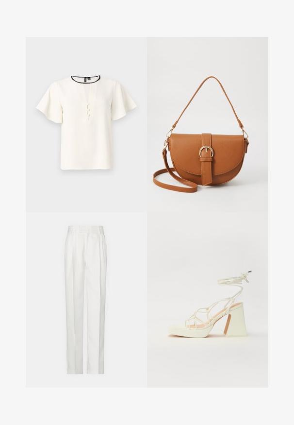 Fehér blúz rövid, lágyan ívelt ujjakkal, V-nyakkivágással és három díszgombbal az elülső részen. Fekete díszítéssel ellátott nyakkivágás.; Fehér csíkozott nadrág, egyenes lábformával, könnyű anyagból készült. Elöl plisszírozott rész és hagyományos derékszíj jellemzi.; Fehér, magassarkú szandál vastag sarokkal, pántos dizájnnal és bokapánttal. Sima textúra, elülső platformmal a megnövelt magasság érdekében.; Barna bőr keresztbody táska ívelt formával, aranyszínű fémrészekkel és csat díszítéssel. Levehető vállpánttal rendelkezik.