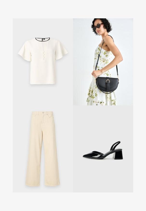 Blusa blanca con mangas cortas y acampanadas, escote en V y tres botones decorativos en la parte delantera. Con borde negro en el escote.; Jeans de pierna ancha beige fabricados en algodón. Cuentan con un cierre de botón, presillas para cinturón y bolsillos frontales con una textura suave y lisa.; Zapatos de tacón slingback de charol negro con punta afilada y tacón geométrico en bloque. Presentan un diseño elegante y minimalista, así como una textura suave.; Bolso de piel negra con forma curva, correa desmontable y herrajes dorados. El bolso cuenta con una solapa con un detalle de hebilla.