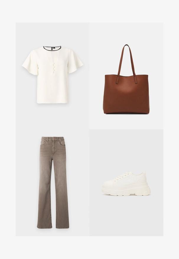 Bílá blůza s krátkými, vykasanými rukávy, výstřihem do V a třemi dekoračními knoflíky vpředu. S okrajem v černé barvě.; Hnědé džínsy s vysokým pasem, rovné nohy, předním knoflíkem, poutky na opasek a klasickým designem pěti kapes na bílém pozadí.; Bílé plátěné tenisky s robustní podrážkou, zaoblenou špičkou a pěti otvory pro tkaničky. Zádový pásek pro snadné obouvání. Hladký povrch, minimalistický design.; Hnědá kožená taška přes rameno s hladkou texturou, otevřeným designem a dvěma ramenními popruhy. Obsahuje minimální švy a žádné viditelné kovové prvky.