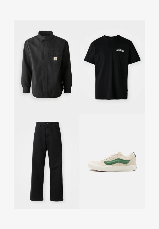 Melna garā piedurkņu krekls ar pogu aizdari, norādītu apkakli un krūšu kabatu ar logotipa uzšuvumu. Mīksta, teksturēta auduma.; Melnas kokvilnas T-krekls ar īsām piedurknēm un apaļu kakla izgriezumu. Uz krūts ir balts izliektā formas logo "DICKIES". Vienkāršs dizains, bez rakstiem.; Melnas džinsu bikses ar taisnu griezumu, ar priekšējiem kabatām, rāvējslēdzēju un vienu augšējo pogu. Tekstūrēta auduma matēta virsma.; Bežīgas zamšādas sporta kedas ar zaļiem ādas akcentiem, noapaļota purngala forma, baltas šņores un teksturēta apdare sānos. Redzama gumijas zole.