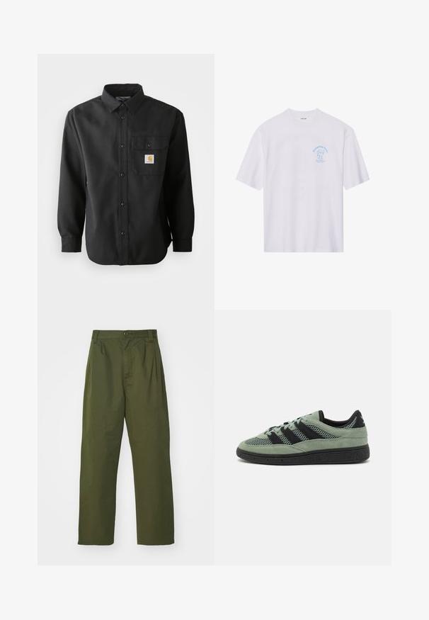 Zwarte longsleeve shirt met een knoopsluiting aan de voorkant, puntige kraag en een borstzak met een logo patch. Zacht, gestructureerd materiaal.; Witte katoen T-shirt met een blauw grafisch ontwerp op de linkerborst met de tekst "Dumpling Oasis" en eenvoudige cartoonaccenten. Korte mouwen.; Olijfgroene, hoge taille broek met een rechte pasvorm. Gemaakt van een lichtgewicht stof, met voorplooien en een knoopsluiting.; Groene suède sneakers met zwarte mesh accenten, voorzien van drie zwarte strepen, ronde veters en een getextureerde zwarte rubberen zool.