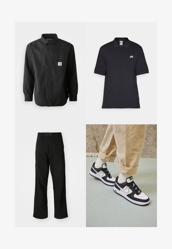 Camisa preta de manga longa com frente abotoada, colarinho pontiagudo e um bolso no peito com um patch de logótipo. Tecido suave e texturizado.; Camisa polo preta em algodão, com uma pala de dois botões, mangas curtas e um logótipo branco da Nike no peito esquerdo.; Jeans pretos de perna reta com fecho de botão, passantes para cinto e bolsos frontais em fundo branco.; Sapatilhas Nike Air Force 1 em preto e branco com um cabedal em pele, biqueira perfurada e detalhe de sola texturizada, usadas com calças beig com as bainhas roladas e meias brancas.
