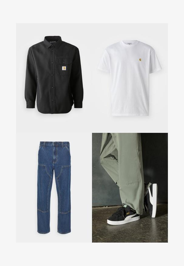 Juodas ilgas rankovės marškinėliai su mygtukų uždarymu, smailiu apykakle ir krūtinės kišenę, kurioje yra logotipo pleistras. Minkšta, tekstūruota medžiaga.; Balta medvilnės marškinėliai su trumpomis rankovėmis, apvalia iškirpte, kuriuose kairėje krūtinės pusėje yra mažas auksinis logotipas. Minkšta tekstūra ir reguliari forma.; Mėlynos džinsinės kelnės su tiesiomis kojomis, priekinių kišenių ir kontrastingomis siūlėmis. Audinys turi klasikinę tekstūrą ir apdailą.; Juodi suede sportbačiai su baltais guminiais padais ir šoninėmis juostelėmis, derinami su šviesiai žaliais kargo kelnais, stovintys ant tekstūruoto tamsaus paviršiaus.