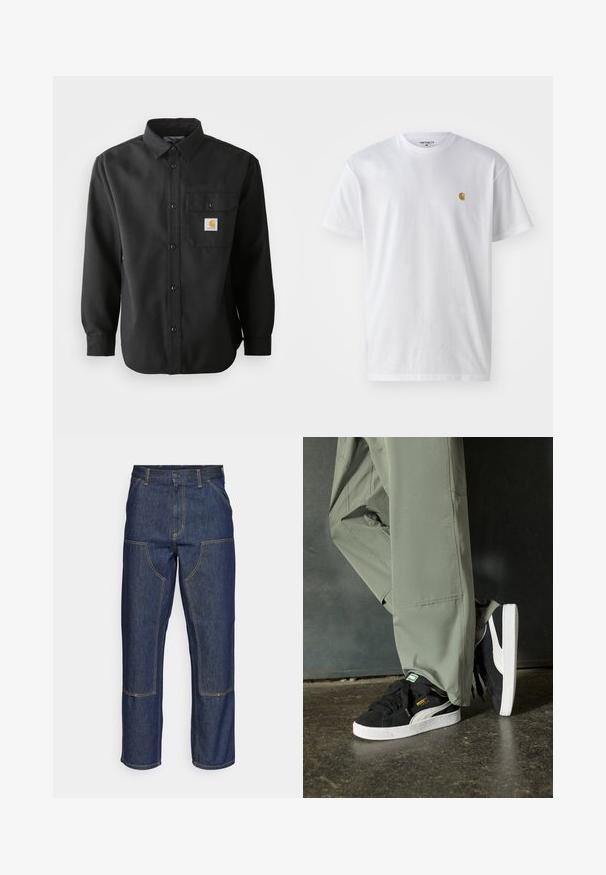 Schwarzes Langarmshirt mit Knopfleiste, spitzem Kragen und einer Brusttasche mit einem Logo-Patch. Weicher, strukturierter Stoff.; Weißes Baumwoll-T-Shirt mit kurzen Ärmeln, Rundhalsausschnitt, mit einem kleinen goldenen Logo im linken Brustbereich. Weicher Stoff und normale Passform.; Dunkelblaue Jeans aus Denim mit hoher Taille, geradem Bein-Design, kontrastierenden Nähten und aufgesetzten Taschen auf der Vorderseite.; Schwarze Wildleder-Sneaker mit weißen Gummisohlen und seitlichen Streifen, kombiniert mit hellgrünen Cargo-Hosen, stehen auf einer strukturierten dunklen Oberfläche.