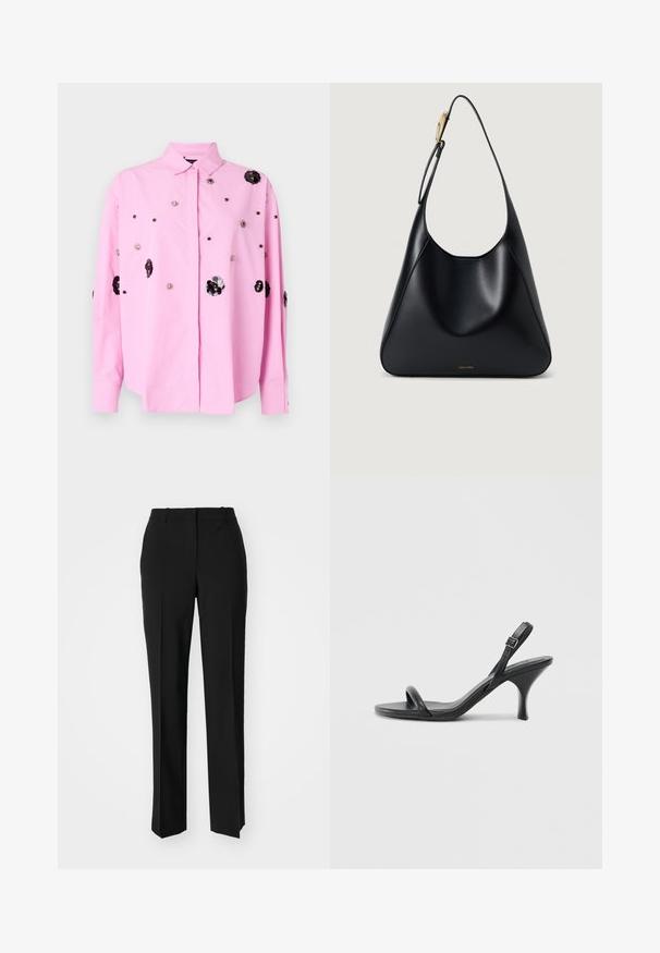 Bruuns Bazaar CHRISOULA BEIA SHIRT - Blúzka so zapínaním na gombíky - pastel lavender; Čierne krajčírské nohavice so strihom rovného nohu, s hladkou textúrou a ostrými skladmi pozdĺž prednej časti. Žiadne viditeľné hardvér.; Čierne kožené sandále na vysokom podpätku s štíhlym, zakriveným podpätkom a prekríženým pásikovým dizajnom. Nastaviteľný pásik okolo členka. Hladká textúra.; Čierna kožená taška cez rameno s hladkou textúrou, zakrivenou siluetou a zlatými kovovými akcentmi. Vytlačené logo značky sa nachádza na spodnej časti.