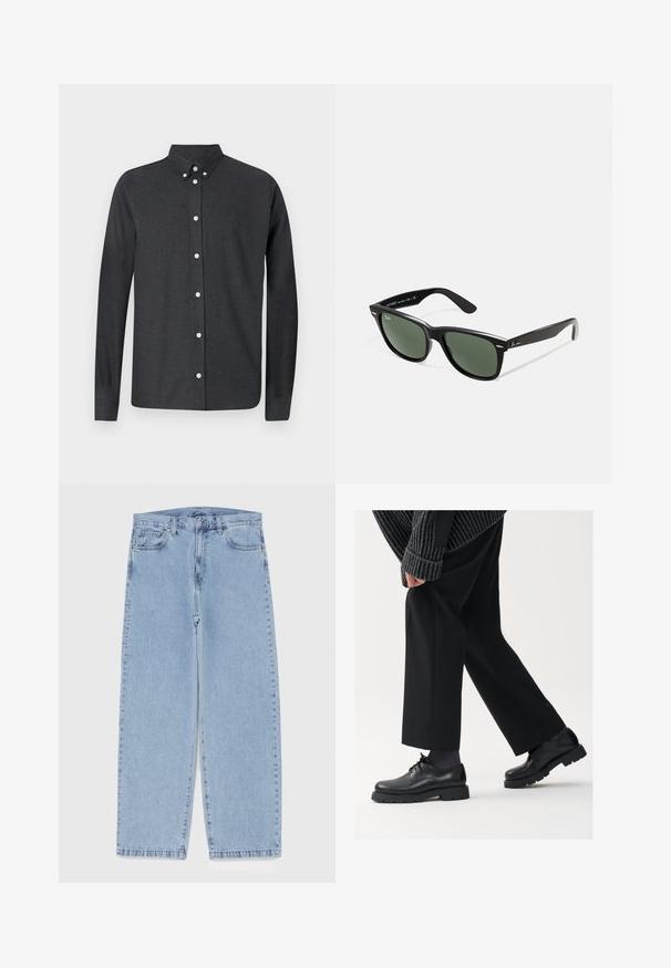 Tumehall ülaläbi nööpidega särg, mis on valmistatud tekstureeritud kangast. Omab klassikalist kraed, pikki varrukaid ja valgeid nööpe ees.; Heled sinise denimi sirgete põlvede lõikega teksad, millel on keskmise kõrgusega vöökoht, viis taskut ning nööbid ja tõmblukk.; Mustad mustad nahast kingad ümarate varvastega, nööridega disain ja paks tekstuurne talla. Kanda koos kohandatud mustade pükstega ja ribadega sviitriga.; Mustad mustan plastiku prillid roheliste läätsedega, ruudukujulised raamid, hõbedane aksent kulmude peal ja tekstuuriga tempelkäed. Brändi nimi on märgitud sisevarrele.; Kvarts kell, millel on hõbedane roostevabast terasest käevõru, ümmargune must kellanägu, valged tunni märgid ja kuupäeva kuva 3-kella kohal. Veekindel kuni 50 m.