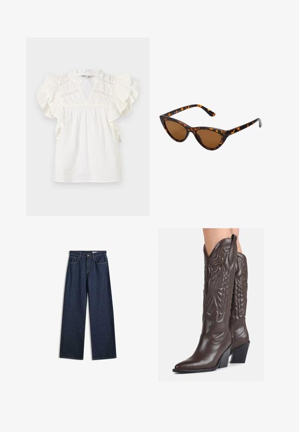Witte blouse met gerimpelde kapmouwen, een V-hals en kanten inzetstukken op de borst. Gemaakt van lichte, gestructureerde stof.; Brede donkerdenim jeans met vijf zakken, zichtbare stiksels en een knoopsluiting. Beschikt over een recht pasvorm en lichte slijtage.; Bruine leren cowboylaarzen met een spitse neus en blokhak, voorzien van gedetailleerde stiksels en verhoogde accenten op de schacht.; Cat-eye zonnebril met een zwart en oranje schildpadframe, bruine lenzen en slanke, puntige uiteinden. Bevat een minimalistisch logo op de poot.; Kleine crèmekleurige handtas met een textuurafwerking, een lange verstelbare schouderband, een kettingaccent en een klepsluiting. Gouden hardware-details.