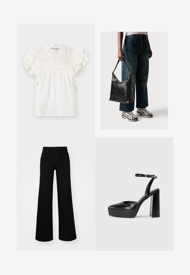 Blusa bianca con maniche corte a sbuffo, scollatura a V e dettagli in pizzo sul petto. Realizzata in un tessuto leggero e testurizzato.; Pantaloni neri a gamba larga in denim, con una vita strutturata, passanti per la cintura e tasche frontali. Texture liscia con un design classico.; Tacchi a piattaforma neri con punta appuntita e cinturino regolabile alla caviglia. Realizzati in pelle liscia, presentano un tacco a blocco spesso.; Borsa a tracolla nera in pelle con una texture liscia e tracolla regolabile, abbinata a jeans ampi sbiaditi e sneakers sportive.