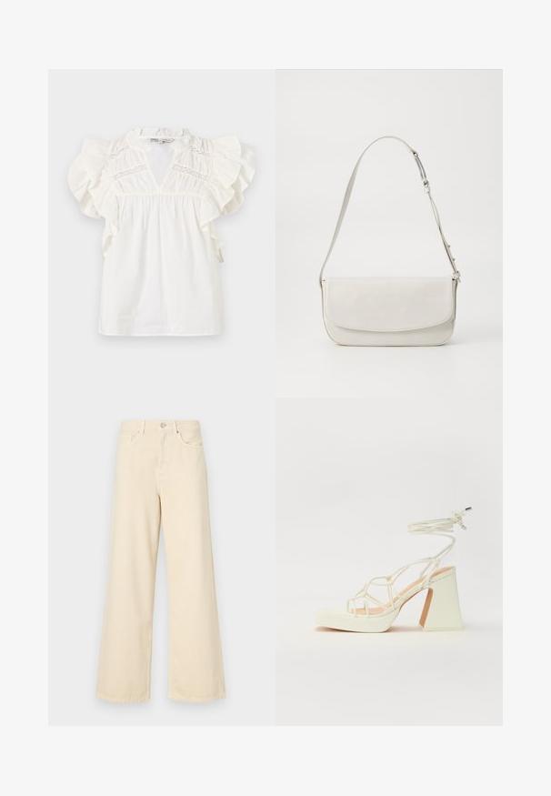 Witte blouse met gerimpelde kapmouwen, een V-hals en kanten inzetstukken op de borst. Gemaakt van lichte, gestructureerde stof.; Beige wijde jeans gemaakt van katoen. Voorzien van een knoopsluiting, riemlussen en voorzakken met een gladde, zachte textuur.; Witte hoge hakken sandaal met een chunky hak, met een bandjesontwerp en enkelband. Gladde textuur met een plateau voor extra hoogte.; Witte leren schoudertas met een gladde afwerking, rechthoekige vorm, klepafsluiting en een verstelbare riem. Eenvoudige stikseldetails.