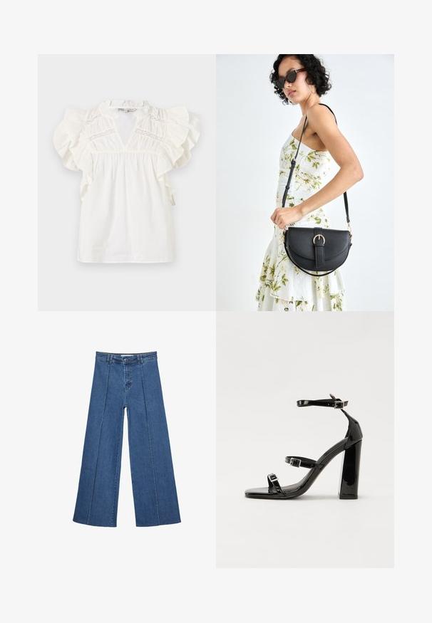 Hvid bluse med rynkede kortærmer, V-udskæring og blondeindsatser på brystet. Lavet af let, tekstureret stof.; Bredde ben denim jeans i mellemblå, med høj talje, knaplukning og kontrasterende lodrette sømdetaljer foran.; Sorte patenterede hælsandaler med firkantet tå, ankelremme og sølvspænder. Har en chunky blokHæl for stabilitet.; Sort læderhåndtaske med en buet form, aftagelig rem og guldfinish. Tasken har en klap med en spænde detalje.