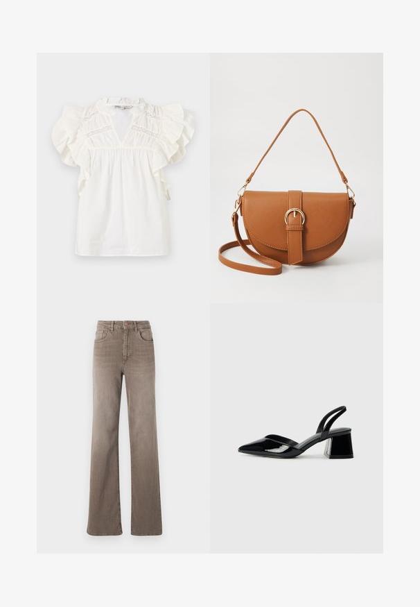 Hvit bluse med volangdetaljer på ermer, V-hals og blondeinnlegg på brystet. Laget av lett, strukturert stoff.; Brune høy midje rette jeans med frontknapp, beltesløyfer og klassisk fem-lomme design på hvit bakgrunn.; Svarte patentlær slingback hæler med spiss tå og geometrisk blokk hæl. Har et stilrent, minimalistisk design og jevn tekstur.; Brun lærcrossbody-veske med en buet form, gullhardware og et spenneakcent. Har en avtakbar skulderreim.