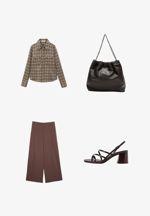 Ruskea ruudullinen flanellipaita, jossa on terävä kaulus, nappikiinnitys ja rintataskut. Kankaan pinta on pehmeä ja siinä on vaaleanruskeita yksityiskohtia.; Ruskeat leveälahkeiset housut, joissa on sileä pinta, korkea vyötärö ja etupleat. Kangas on kevyttä ja laskeutuu väljänä.; Ruske sandaale sa visokom potpeticom s debljim petama, s glatkom, sjajnom površinom i višestrukim križnim trakama na gornjem dijelu.; Ruskea nahkainen laukku, jossa on kerätty yläosa ja ketjuhihna. Tasainen pinta, jossa kiiltävä viimeistely ja hienovaraiset sauman yksityiskohdat sivuilla.