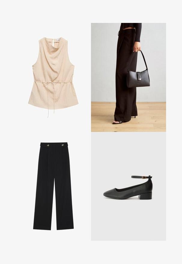 Bež majica bez rukava s drapiranim dekolteom, mekanom teksturom, skupljenim strukom s mašnom i otvorom na leđima.; Crne hlače širokih nogavica s visokim strukom, s dugmadi na pojasu i prednjim nabora.; Crne kožne pumpe s oštrim vrhom i niskom blok petom. Sadrže remen oko gležnja s zlatnim kopčanjem. Glatka tekstura.; Crna torba s oblikom koji sadrži strukturu, glađu teksturu i metalnu kopču. Uparena s širokim crnim hlačama i sandalama na otvorenom s drvenog poda.