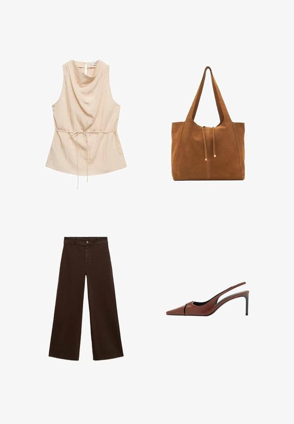 Top bej fără mâneci cu un decolteu drapat, textură moale, talie strânsă cu un șnur și închidere la spate cu un orificiu.; Pantaloni largi maro dintr-un amestec de bumbac, cu un tiv desfăcut, închidere cu buton frontal și un design clasic cu cinci buzunare. Minimalist și versatil.; Sandale cu toc din piele maro, cu vârf ascuțit, detaliu decupat la vamp și un toc stiletto elegant. Textură netedă.; Geantă tote din suede maro cu două mânere lungi, închidere prin șnur și un design minimalistic. Textură netedă și fără accente vizibile de hardură.