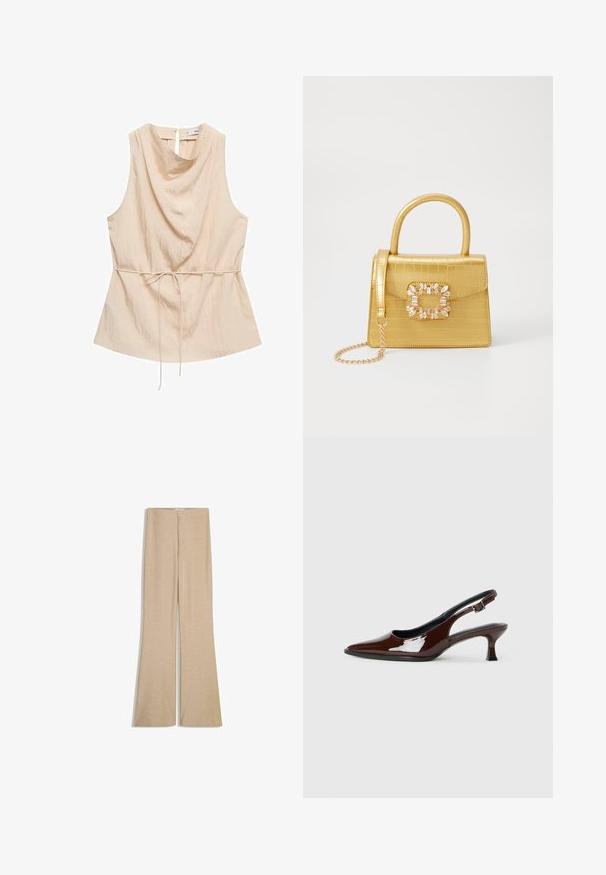 Top bej fără mâneci cu un decolteu drapat, textură moale, talie strânsă cu un șnur și închidere la spate cu un orificiu.; Pantaloni flared bej dintr-un material lucios, texturat, cu un talie netedă și un fermoar ascuns la spate. Față plată fără buzunare.; Pantofii slingback din piele patent maro, cu vârful ascuțit și un toc moderat. Prezintă o curea cu prindere pentru o potrivire sigură. Textură netedă.; Geantă galbenă din faux-crocodil cu un design structurat, mână superioară, curea detașabilă cu lanț și embellisment decorativ cu cristale pe închidere.