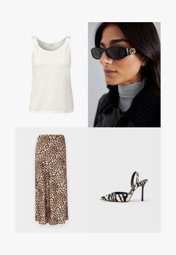 Hvid ærmeløs tanktop med rund udskæring og knudedetalje på skulderstropperne. Fremstillet af en blød, letvægtsstof.; Løleopardprint lang nederdel lavet af glat stof. Tan base med sorte og brune pletter. Udsvingende design med en lige kant.; Spids-syntetiske slingback hæle i sort og creme zebra-mønster, med en slank høj hæl og åben bagdesign med en sort inderside.; Sorte solbriller med en strømlinet rektangulær ramme og en guld logoaccent på siden. Mørke linser og blank overflade er fremtrædende.; Sort læder vævet tote taske med en slasket form og bred skulderrem. Har et tekstureret, sammenflettet design med en glat overflade.