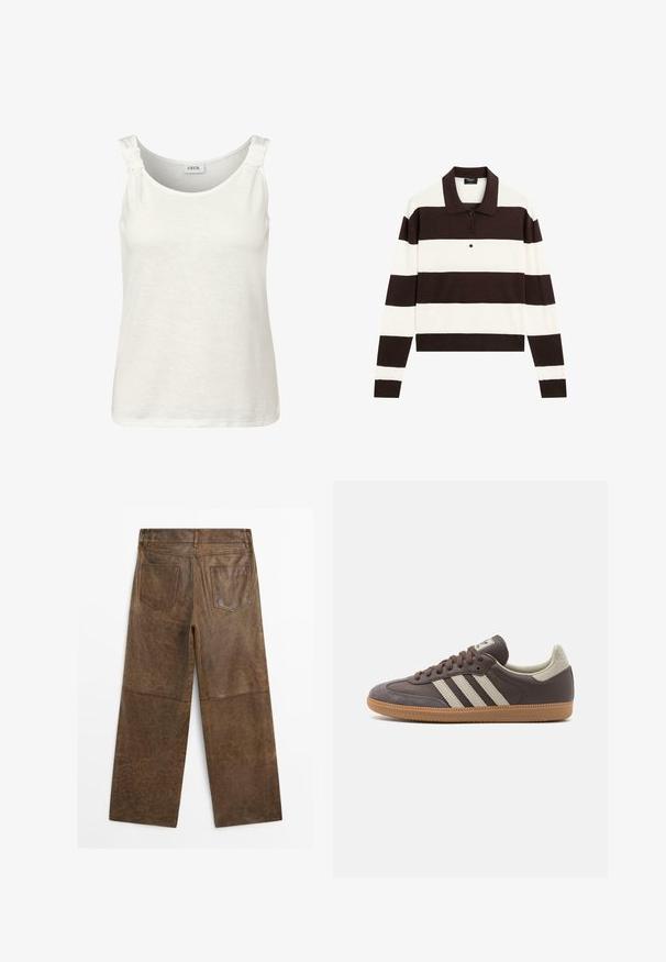 Top senza maniche bianco con scollo rotondo e dettaglio nodo sulle spalline. Realizzato in un tessuto morbido e leggero.; Polo a maniche lunghe con righe orizzontali alternanti marrone scuro e bianche, colletto e pattina con bottoni. Realizzato in tessuto morbido.; Pantaloni larghi in pelle marrone con due tasche posteriori e cuciture visibili, mostrati da dietro su uno sfondo bianco.; Sneaker in pelle marrone con tre strisce chiare, suola in gomma, punta arrotondata e dettagli in suede texture sul tallone e sulla punta.