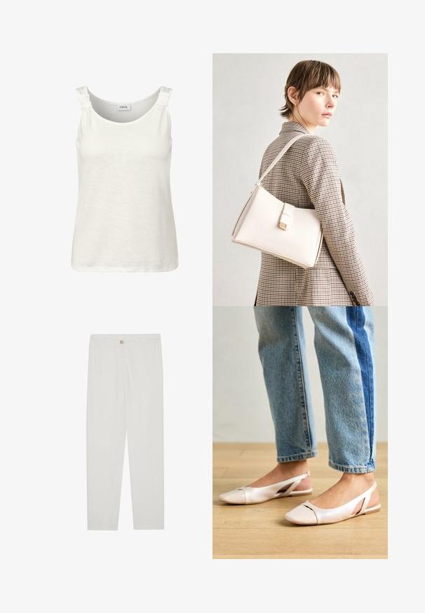 Camiseta sin mangas blanca con un escote redondeado y un detalle de nudo en los tirantes. Fabricada con una tela suave y ligera.; Pantalones blancos, ajustados, con un diseño de pierna recta, que cuentan con un cierre de botón, lazos para cinturón y bolsillos laterales; textura de tela suave.; Bailarinas de color rosa pálido con tiras traseras y punta puntiaguda, fabricadas con un material similar al cuero suave. Presentan detalles recortados en los laterales y un tacón plano.; Bolso de mano de cuero blanco con un diseño estructurado, que presenta un cierre magnético y una correa para el hombro, exhibido sobre un fondo neutro.