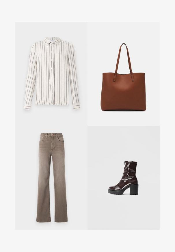 Lys beige skjorte med knapper og vertikale marineblå striper, med klassisk krage, lange ermer og rett himmelinje. Laget av lett stoff.; Brune høy midje rette jeans med frontknapp, beltesløyfer og klassisk fem-lomme design på hvit bakgrunn.; Glinsende burgunder ankelstøvel med en kraftig svart hæl, med en glatt tekstur og enkelt design. Ingen synlige lukkinger eller mønstre.; Brun lær tote veske med en jevn tekstur, åpen toppdesign og to skulderstropper. Har minimal søm og ingen synlige spiker.
