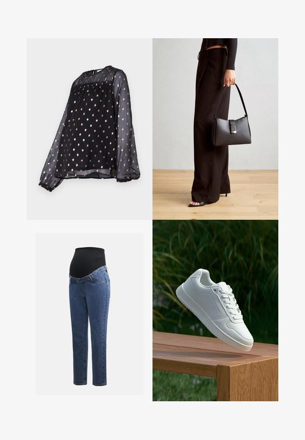 Melngarbā garām piedurknēm izgatavota blūze no caurspīdīga auduma, ar apaļu kakla izgriezumu un zelta punktiņu rakstu visā virsmā. Brīva piegriezuma ar savilktiem aprocēm.; Māmiņu džinsi ar zilu denima kājām un melnu elastīgu vēdera paneli, kas izstrādāts, lai atbalstītu un nosegtu augošu vēderu.; Baltie sporta apavi ar gludu sintētisku augšpusi, perforētu pirkstu daļu, plakani šņorēm un rakstainu zoli, novietoti uz koka virsmas.; Melnā somiņa ar strukturētu formu, gludu tekstūru un metālu sprādzi. Saskaņota ar platām melnām biksēm un sandālēm ar atvērtu purngalu uz koka grīdas.