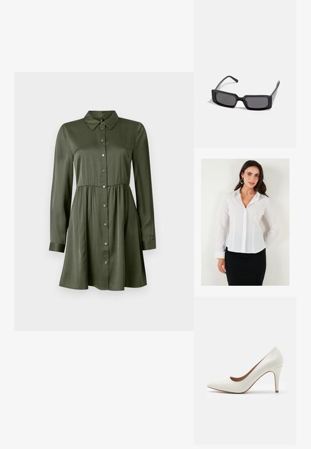 Biała koszula z długim rękawem, z kołnierzykiem, zapinana na guziki, z pionowymi szwami. Dobrze komponuje się z czarną spódnicą dla uzyskania profesjonalnego wyglądu.; Zielona oliwkowa sukienka z długim rękawem, z zapięciem na guziki, dopasowana w talii, z kołnierzykiem, lekko rozszerzanym dołem i mankietami.; Białe lakierowane buty na wysokim obcasie z wysmuklonym noskiem i gładką powierzchnią, z cienkim obcasem i niskim krojem wokół otwarcia.; Czarne okulary przeciwsłoneczne z prostokątną oprawką, ciemnymi soczewkami i gładkim, błyszczącym wykończeniem. Posiadają cienkie zauszniki z subtelnym logo po boku.; Portfel na nadgarstek marki Michael Kors w beżowej, pokrytej płótnem, z powtarzającym się wzorem logo MK, złotym okuciem i odpinanym łańcuszkowym paskiem.; Złote metaliczne kolczyki o falistym wzorze; gładka, odblaskowa powierzchnia; asymetryczny kształt; brak widocznych wzorów lub elementów metalowych.