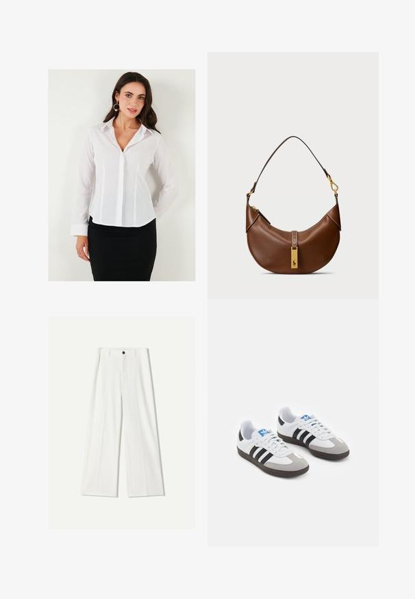 Witte blouse met lange mouwen en een kraag, met knoopsluiting aan de voorkant en verticale naden. Combineert goed met een zwarte rok voor een professionele uitstraling.; Witte wijde pantalon van soepel materiaal, met een sluiting aan de voorkant met een knoop en geplooide details. Plat voorkant ontwerp, zonder zichtbare zakken.; Sportschoenen met een witte leren bovenkant, grijze suède neus en drie zwarte strepen. Bevat een blauw logo op de tong en een gestructureerde rubberen zool.; Bruine leren schoudertas met een gebogen vorm, gouden hardware, bovenklepdetail en een logoaccent. Gladde textuur met gestikte randen.