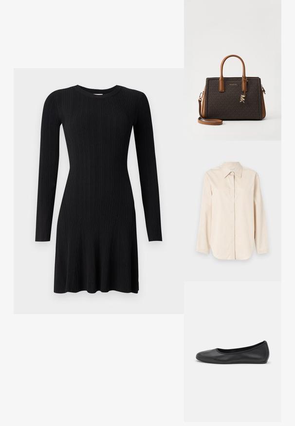 Camisa de manga larga color beige claro hecha de algodón suave, con un cuello clásico, una botonadura completa en la parte delantera y un corte relajado. Sin patrones ni acentos.; Vestido negro de punto acanalado con mangas largas, escote redondo y dobladillo acampanado. Textura suave con rayas verticales y silueta ajustada.; Bailarina de piel negra con punta redondeada, textura suave, detalle de costura minimalista y diseño de suela flexible.; Bolso de mano de cuero marrón con un patrón de monograma, doble asa superior, correa de hombro desmontable, herrajes en tono dorado y charm con el logo.