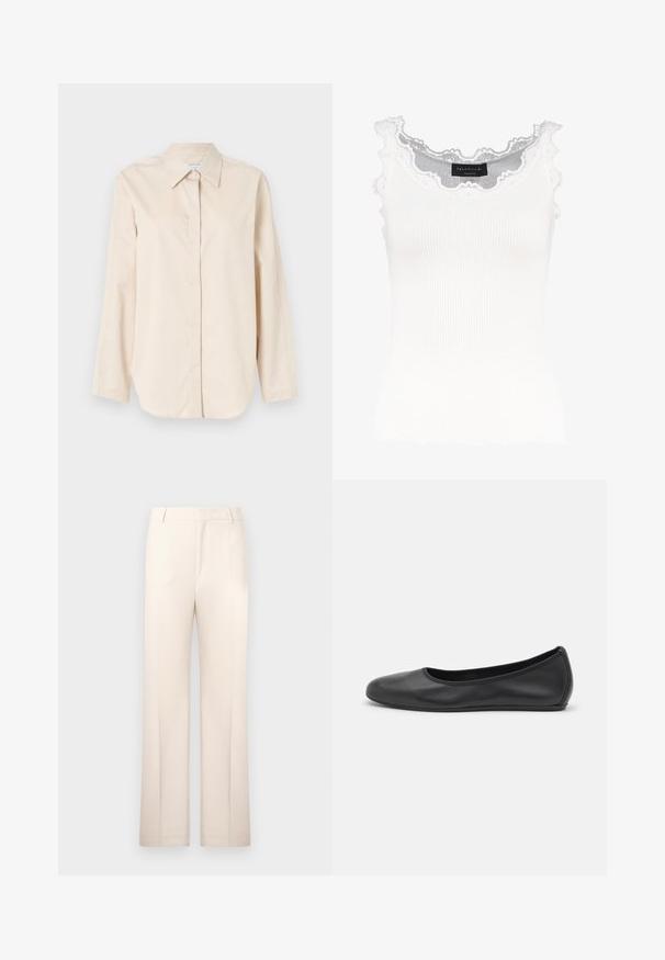 Light beige long-sleeve shirt made of smooth cotton, featuring a classic collar, a full button front, and a relaxed fit. No patterns or accents.; White ribbed tank top with lace trim on the neckline and sleeves. Features a soft texture and fitted shape. Brand label visible inside.; Beige tailored trousers with a straight-leg design, made from lightweight fabric. Features front pleats and a classic waistband.; Black leather ballet flat with a rounded toe, smooth texture, minimal stitching detail, and a flexible sole design.