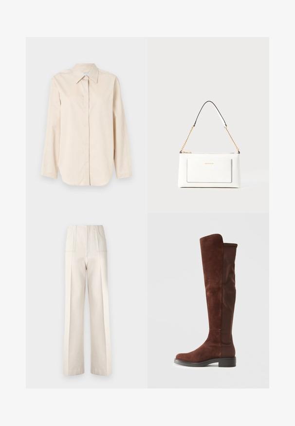 Camisa de manga larga color beige claro hecha de algodón suave, con un cuello clásico, una botonadura completa en la parte delantera y un corte relajado. Sin patrones ni acentos.; Pantalones de pierna ancha beige con una cintura alta, dos bolsillos frontales y detalles de costura visibles. Fabricados con un tejido ligero y suave.; Bota alta de ante marrón y tela con tacón bajo negro y punta redondeada, mostrada en vista lateral sobre fondo blanco liso.; Bolso de mano de cuero blanco con un acabado texturizado, que cuenta con una correa de cadena dorada y acentos negros. Incluye un bolsillo frontal y cierre de cremallera.