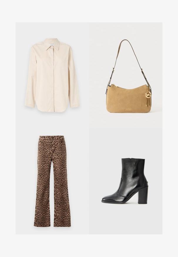 Svetlo bež srajca z dolgimi rokavi, izdelana iz gladkega bombaža, z običajnim ovratnikom, polno gumbno zaponko in sproščenim krojem. Brez vzorcev ali dodatkov.; Hlače širokega kroja z leopardjim vzorcem v bež in črni barvi, z gladko teksturo in ožjim robom. Oblikovana z običajno elastiko in žepi.; Črne usnjene gležnarske čevlje z gladko teksturo, koničastim nosom in debelim visokim petam. Imajo stransko odprtino in minimalističen dizajn.; Tan gamasti torbica z naramnicami, ukrivljene oblike, z zlatimi detajli in zadrgo. Ima dodan čar s inicialkami "MK."