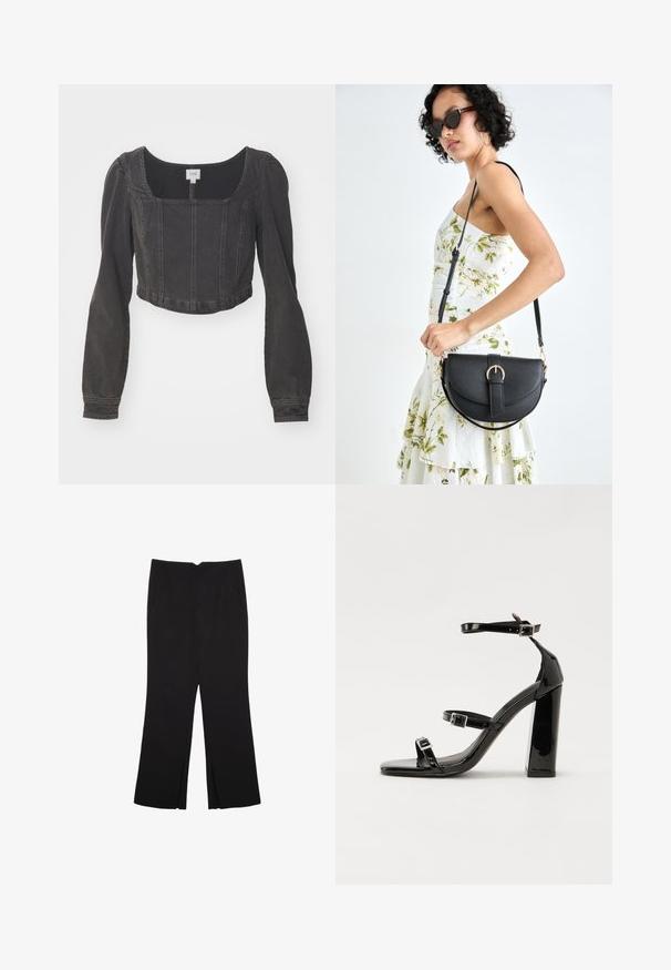 Giacca di denim nera tagliata con scollo quadrato, maniche lunghe a sbuffo e dettagli sulle cuciture frontali. Il tessuto sembra avere una trama e un aspetto leggermente sbiadito.; Pantaloni neri a gamba dritta, con tasche frontali e spacchi laterali all'orlo. Realizzati in tessuto morbido e liscio. Adatti a diverse occasioni.; Sandali con tacco in vernice nera, con punta squadrata, cinturini alla caviglia e fibbie in argento. Presentano un tacco a blocco spesso per maggiore stabilità.; Borsa a tracolla nera in pelle con una forma curva, manico rimovibile e accessori dorati. La borsa presenta una patta con un dettaglio a fibbia.