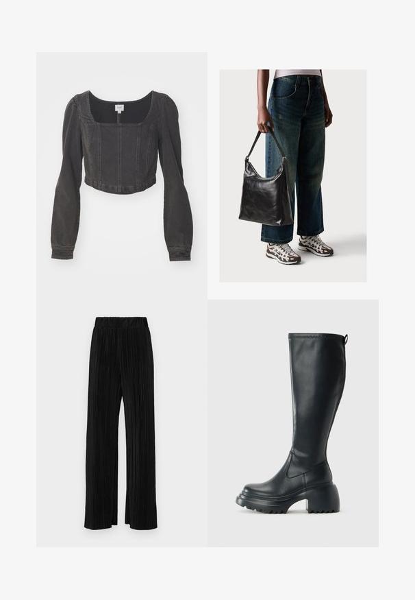 Chaqueta de mezclilla negra recortada con escote cuadrado, mangas largas abullonadas y detalles de costura en el frente. La tela parece texturizada y ligeramente desgastada.; Pantalones negros de pliegues con una cintura elástica. Presentan piernas anchas y una tela suave y texturada con rayas verticales.; Bota alta de cuero negro con suela de plataforma gruesa y tacón cuadrado, que cuenta con una lengüeta y un relieve texturizado en la suela exterior.; Bolso de hombro de cuero negro con una textura suave y correa ajustable, combinado con jeans de pierna ancha desgatados y zapatillas deportivas.