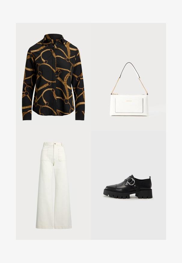 Long-sleeve black shirt with a gold chain pattern, featuring a collar and button closure. Smooth fabric with a relaxed fit.; Wide-leg jeans in off-white denim. High-waisted design with a button closure, two front pockets, and contrast stitching details.; Black leather shoes with a chunky, ribbed sole, featuring a circular silver hardware accent and minimal stitching detail.; White leather handbag with a textured finish, featuring a gold chain strap and black accents. Includes a front pocket and zipper closure.