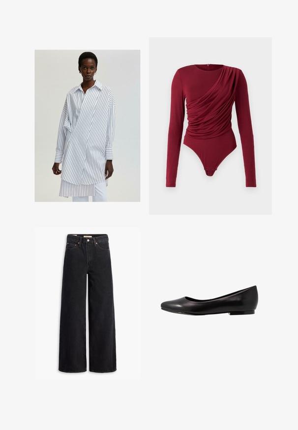 Touché Privé STRIPED LONG WITH TIES - Blus - white; Långärmad bodysuit i djupröd, med draperad tyg, rundad halsringning och tryckknappsstängning längst ner, tillverkad av mjukt stretchmaterial.; Svarta vida jeans i denim, med fem fickor, kopparnitar och en klassisk knäppning. Slät textur med en rent design.; Svart balettklack av glänsande läder med rund tå och låg, platt sula. Har en slät yta med en enkel och stilren design.