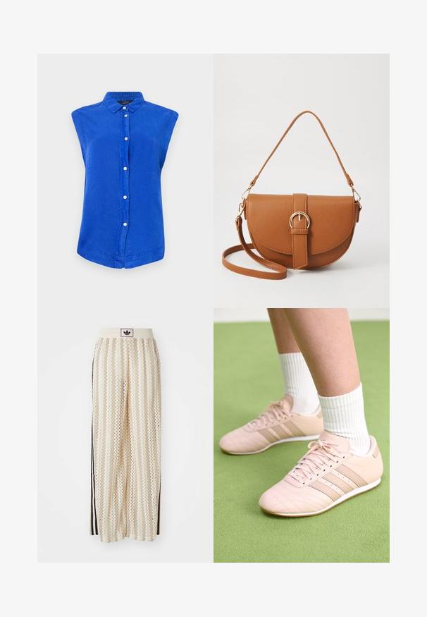 Blaues ärmelloses Hemd aus Baumwolle mit Kragen, vorderer Knopfleiste und abgerundetem Saum. Glatte Textur, lockere Passform.; Cremfarbene, weit geschnittene Hosen mit einem Zickzackmuster, ausgestattet mit einem schwarzen Logo-Bund und seitlichen schwarzen Streifen. Leichter, strukturierter Stoff.; Helle rosa Sportschuhe mit schrägen Nähten, weißen Sohlen und drei seitlichen Streifen. Getragen mit gestreiften weißen Socken auf grünem Untergrund.; Braune Leder-Crossbody-Tasche mit geschwungener Form, goldfarbenen Beschlägen und einer Schnallenakzentuierung. Verfügt über einen abnehmbaren Schultergurt.