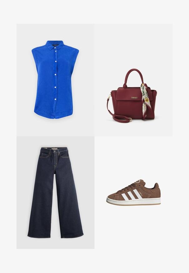 Blaues ärmelloses Hemd aus Baumwolle mit Kragen, vorderer Knopfleiste und abgerundetem Saum. Glatte Textur, lockere Passform.; Helle-bein Jeans aus Denim in Dunkelblau mit Kontrastnähten. Mit traditionellem Fünf-Taschen-Design und einem Knopfverschluss an der Taille.; Braune Wildledersneaker mit weißen Lederstreifen, Gummisohle, gerundetem Zehenbereich und Schnürung. Mit einem Logo auf der Zunge und perforierten Akzenten.; Burgunderfarbene Handtasche aus synthetischem Material mit strukturiertem Design, ausgestattet mit einem abnehmbaren Trageriemen und einem blumenmusternden Schal, der am Griff gebunden ist.