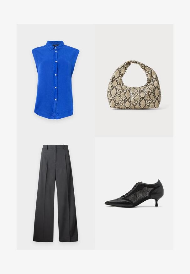 Camicia azzurra senza maniche con bottoni, realizzata in cotone, con colletto, patta frontale e orlo curvo. Texture liscia, vestibilità casual.; Pantaloni a gamba larga in tessuto grigio scuro, con vita alta, pieghe singole e una texture liscia con una finitura pulita sui orli.; Scarpa nera a punta con un design a pannello di rete, dotata di un tacco basso e lacci frontali. Realizzata in una combinazione di pelle e materiale a rete.; Borsa a stampa rettile con manico curvo. Realizzata in materiali testurizzati beige e marroni, presenta un distintivo motivo a rombi.