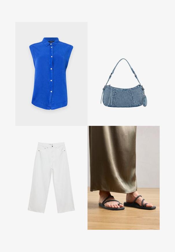 Blaues ärmelloses Hemd aus Baumwolle mit Kragen, vorderer Knopfleiste und abgerundetem Saum. Glatte Textur, lockere Passform.; Weiße Jeans im weit geschnittenen Design aus Denim mit hoher Taille, ausgestattet mit fünf Taschen und Metallbeschlägen. Glatte Textur, keine sichtbaren Muster.; Schwarze Gummiflip-Flops mit zwei dünnen Riemen und einer einzelnen Zehen Schlaufe. Auf einem Holzboden neben einem satinierten olivgrünen Rock positioniert.; Denim-Handtasche mit geschwungener Form, hellblauer Farbe, verstellbarem Schultergurt und einem kleinen abnehmbaren Täschchen mit metallischen Akzenten.
