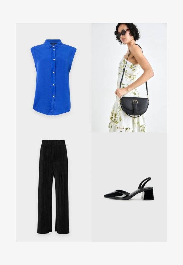 Sinine ilma varrukateta nööbitav särk, mis on valmistatud puuvillast, sisaldab kraed, esipaneeli ja kaardus alläärega. Sujuv tekstuur, vaba lõige.; Mustad pleekitud püksid elastse vöökohtaga. Omavad laiad jalad ja sujuvat, tekstureeritud kangast vertikaalsete triipudega.; Mustad musta lakknahk kingad, millel on terav varvas ja geomeetriline plokkkonts. Omab elegantselt minimalistlikku disaini ja sujuvat tekstuuri.; Mustmust mustraha kõverate joontega, eemaldatava rihmaga ja kuldsete detailidega. Kotil on klapp, millel on pandladetail.