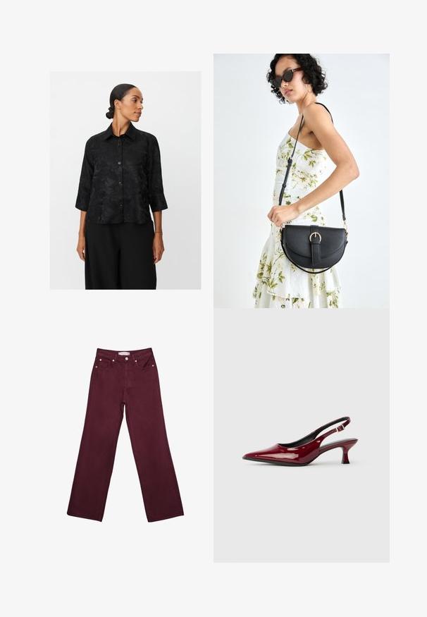 Camicia nera con bottoni frontali e maniche a tre quarti, con un motivo floreale testurizzato e colletto. Abbinata a pantaloni neri larghi.; Jeans bordeaux a vita alta con design a gamba dritta, dotati di tasche frontali, chiusura con bottone e rifiniture in tono rame.; Décolleté in pelle verniciata bordeaux con punta affusolata e tacco a spillo elegante. Design aperto sul retro con dettaglio della fascia alla caviglia regolabile.; Borsa a tracolla nera in pelle con una forma curva, manico rimovibile e accessori dorati. La borsa presenta una patta con un dettaglio a fibbia.