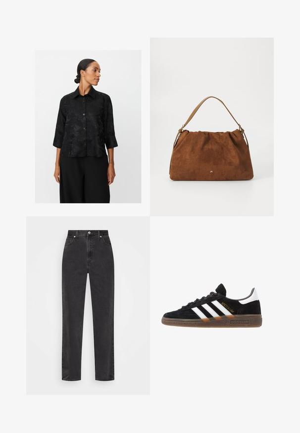 Camisa negra de botones con mangas de tres cuartos, patrón floral texturizado, cuello y botones en la parte delantera. Combinada con pantalones anchos negros.; Vaqueros de mezclilla negra de pierna recta con cintura alta, botón y cremallera en el frente, y estilo de cinco bolsillos sobre un fondo blanco.; Zapatilla negra de Adidas con franjas blancas, texto dorado "Spezial", suela de goma y talón blanco, mostrada en vista lateral.; Bolso de ante marrón con un diseño fruncido, que cuenta con una sola correa de piel marrón y un sutil detalle del logo dorado en la parte frontal.