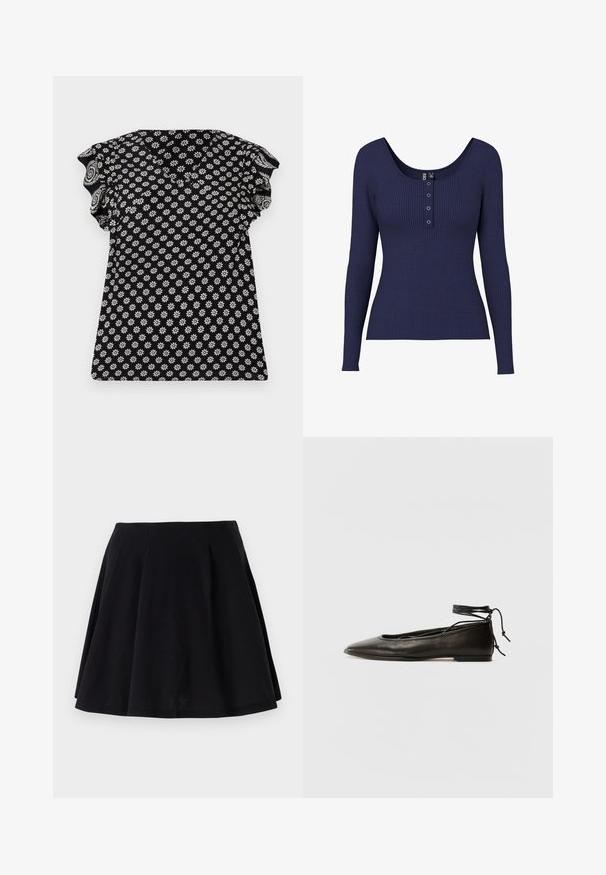 Schwarzoberteil mit floralen weißen Mustern, V-Ausschnitt, gerafften kurzen Ärmeln und figurbetontem Design, aus einem strukturierten Stoff mit kleinen Blumen.; Navyblaue, gerippte Langarmbluse mit runder Ausschnittform und einer Knopfleiste, die in der Mitte drei metallische Knöpfe aufweist.; Schwarzer Baumwollrock mit schwingendem Schnitt, der Falten im Taillenbereich und eine glatte Textur aufweist. Geeignet für legere Anlässe.; Schwarze Leder-Ballerinas mit spitzem Zehenbereich, Knöchelband und flacher Sohle, die eine glatte Textur und ein minimalistisches Design aufweisen.