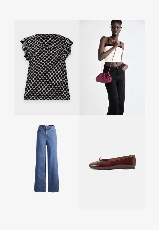 Crna majica s bijelim cvjetnim uzorkom, V-izrez, volančići na kratkim rukavima, i uski kroj, izrađena od teksturirane tkanine s malim cvjetićima.; Svijetloplavi traper široki traperice s visokim strukom, dva prednja džepa i vidljivim šavovima. Imaju kopčanje na gumb i patentni zatvarač.; Burgundska lakirana balerinka s zaobljenim vrhom, malim mašnom sprijeda i niskom, crnom gumenom potplatu. Glatka tekstura.; Bordo mekani torbeni sakupljenog dizajna s dugom trakicom, nošenom preko tijela. Model nosi bijelu kratku majicu i crne traperice.