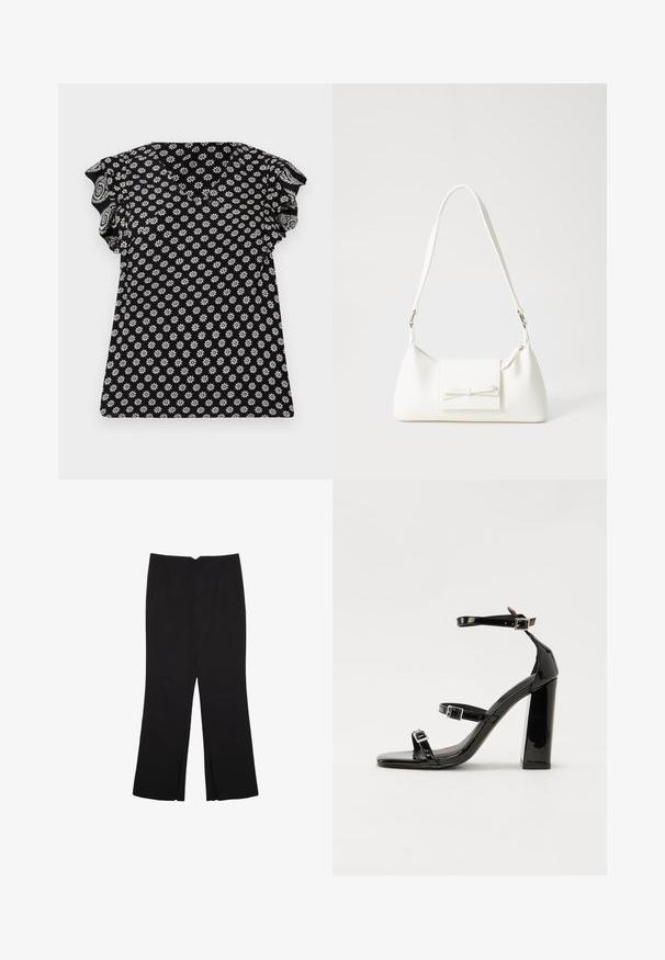 Črn top s cvetličnim belim vzorcem, V-izrezom, nabranimi kratkimi rokavi in prilegajočim oblikovanjem, z teksturirano tkanino z majhnimi cvetovi.; Črne hlače ravnega kroja z naglavnimi žepi in stranskimi razporki na robu. Narejene iz mehke, gladke tkanine. Primerne za različne priložnosti.; Črne lakirane sandale s peto, kvadratnim prstom, trakovi okrog gležnja in srebrnimi zaponkami. Opremljene so s stabilno Debelo peto.; Bela sintetična torbica v obliki trikotnika, z ravnim sprednjim poklopcem in detajlom mašne, nastavljivim trakom, gladko teksturo in minimalističnim dizajnom.