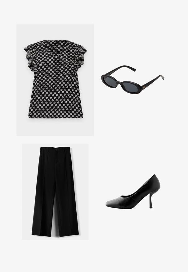 Črn top s cvetličnim belim vzorcem, V-izrezom, nabranimi kratkimi rokavi in prilegajočim oblikovanjem, z teksturirano tkanino z majhnimi cvetovi.; Črne široke hlače iz lahkega materiala, z zapiranjem na gumb spredaj in ravnim sprednjim delom, s skrbno zašiti robovi.; Črne visoke pete z ostrim nosom in gladkim usnjem. Imajo tanko stiletto peto in nizko zasnovo vamp.; Črne oversize sončne očala z ovalnimi lečami, gladkim plastičnim okvirjem in zlatenimi detajli na templjih. Temne leče zagotavljajo zaščito pred soncem.