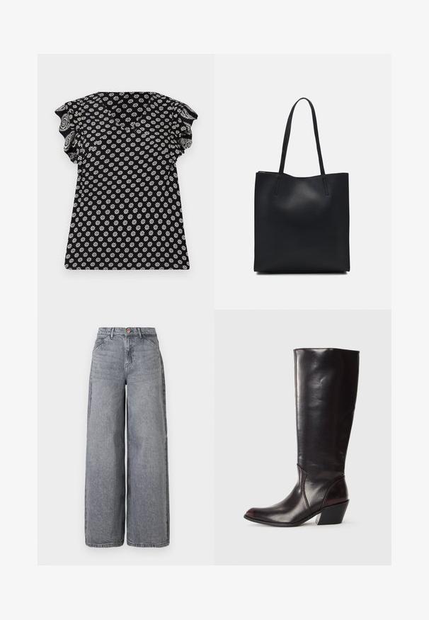 Zwarte top met een wit bloemenpatroon, V-hals, gerimpelde korte mouwen en een aansluitend design, voorzien van een gestructureerde stof met kleine bloemen.; Wijde denim jeans in een vervaagde grijze was, met vijf zakken, een knoopsluiting en een zachte textuur met subtiele whiskerdetails.; Knielange, donkerbruine leren laars met een spitse neus, hoekige blokhak en een gladde, glanzende textuur. Heeft een strak ontwerp en stikdetails.; Zwarte leren handtas met een gladde textuur, rechthoekige vorm en twee lange handvaten. Geen zichtbare hardware of versieringen.
