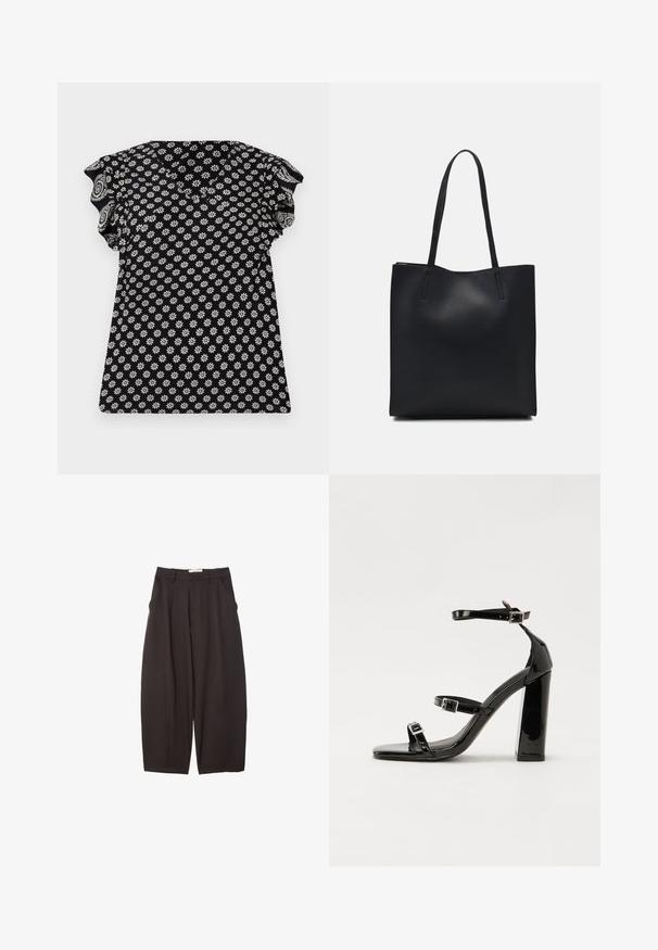 Črn top s cvetličnim belim vzorcem, V-izrezom, nabranimi kratkimi rokavi in prilegajočim oblikovanjem, z teksturirano tkanino z majhnimi cvetovi.; Črne široke hlače iz gladkega materiala, z visokim pasom, zgornjimi pregibi in stranskimi žepi. Preprost dizajn brez okrasnih elementov.; Črne lakirane sandale s peto, kvadratnim prstom, trakovi okrog gležnja in srebrnimi zaponkami. Opremljene so s stabilno Debelo peto.; Črna usnjena torba s svilnato teksturo, pravokotne oblike in dvema dolgima ročajema. Brez vidnih metalnih delov ali okrasnih elementov.