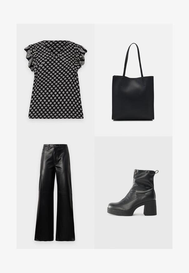 Schwarzoberteil mit floralen weißen Mustern, V-Ausschnitt, gerafften kurzen Ärmeln und figurbetontem Design, aus einem strukturierten Stoff mit kleinen Blumen.; Schwarze leichte, weit geschnittene, hochtaillierte Kunstlederhose mit vorderem Knopf, Reißverschluss, Gürtelschlaufen und Seitentaschen auf weißem Hintergrund.; Schwarze Stiefeletten aus glattem Leder mit seitlichem Reißverschluss, klobigem strukturiertem Absatz und runder Zehenform.; Schwarze Laptoptasche aus Leder mit glatter Textur, rechteckiger Form und zwei langen Griffen. Keine sichtbaren Beschläge oder Verzierungen.